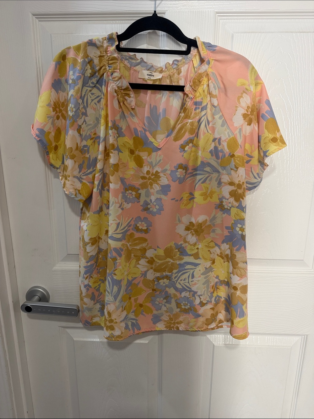 entro Floral Ruffle V-Neck Blouse in Peach, Yellow & Blue